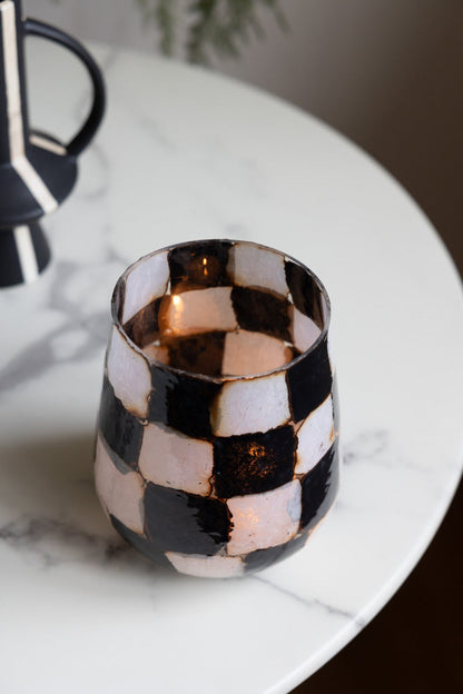 Checkered Black & White Glass Tealight Holder