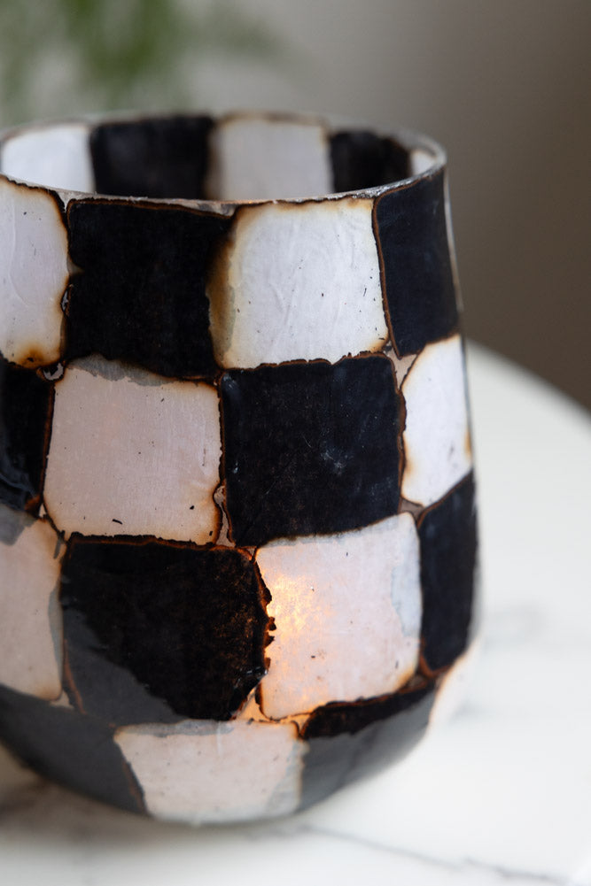 Checkered Black & White Glass Tealight Holder