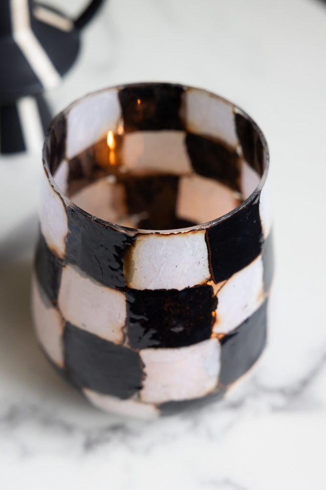 Checkered Black & White Glass Tealight Holder