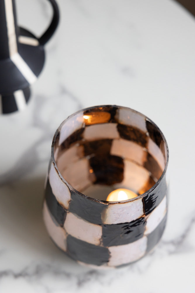 Checkered Black & White Glass Tealight Holder