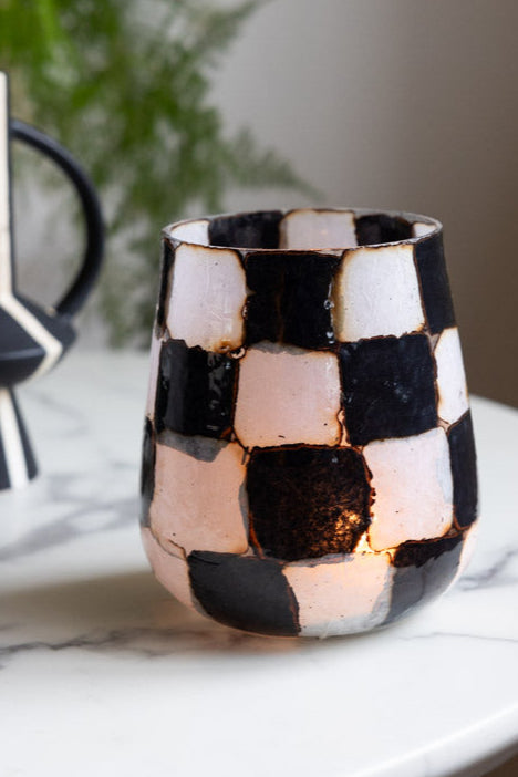 Checkered Black & White Glass Tealight Holder