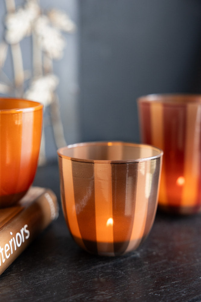 Burnt Orange Striped Tealight Holder - Short