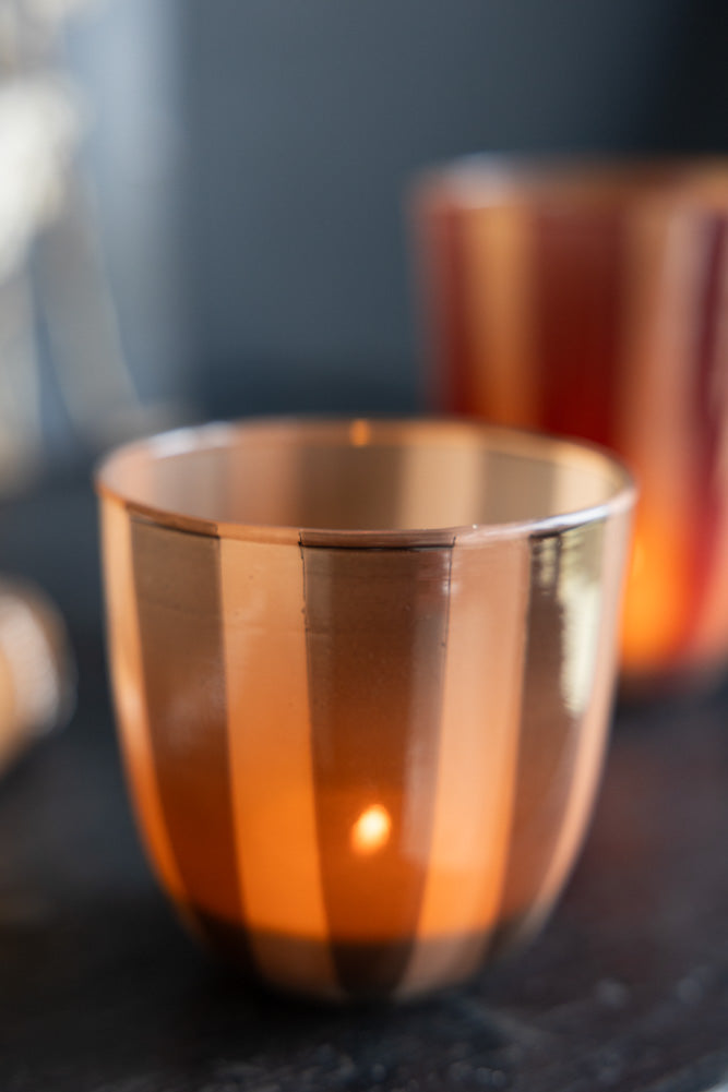 Burnt Orange Striped Tealight Holder - Short