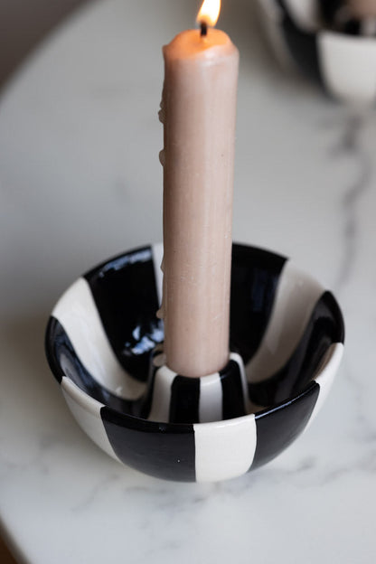 Black & White Stripe Bowl Candlestick Holder