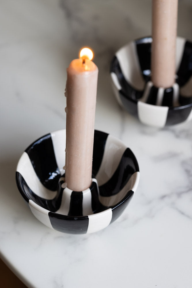 Black & White Stripe Bowl Candlestick Holder